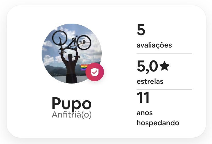 Perfil do anfitrião Pupo no Airbnb: 5 avaliações, nota 5,0 e 11 anos hospedando